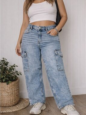 Bershka Cargo Jeans Acid Wash Wide Leg Streetwear 90s Style Grunge 32